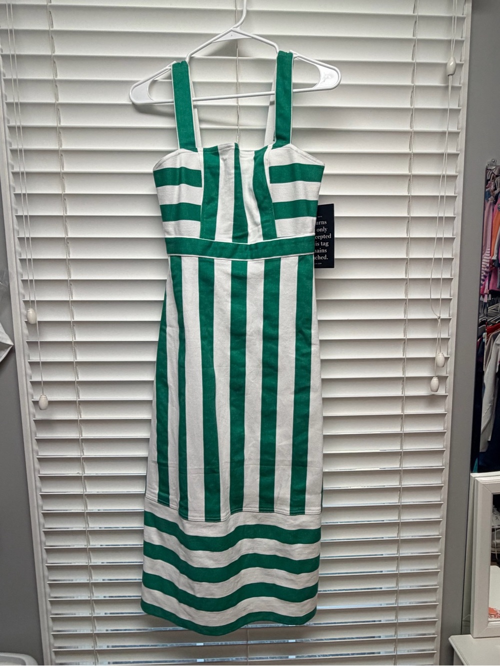 Green and White Striped Square-Neck Midi Dress